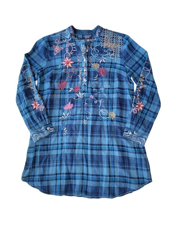Johnny Was Tops - Johnny Was Carmen Henley Shirt Tunic Dress Blue Plaid Small